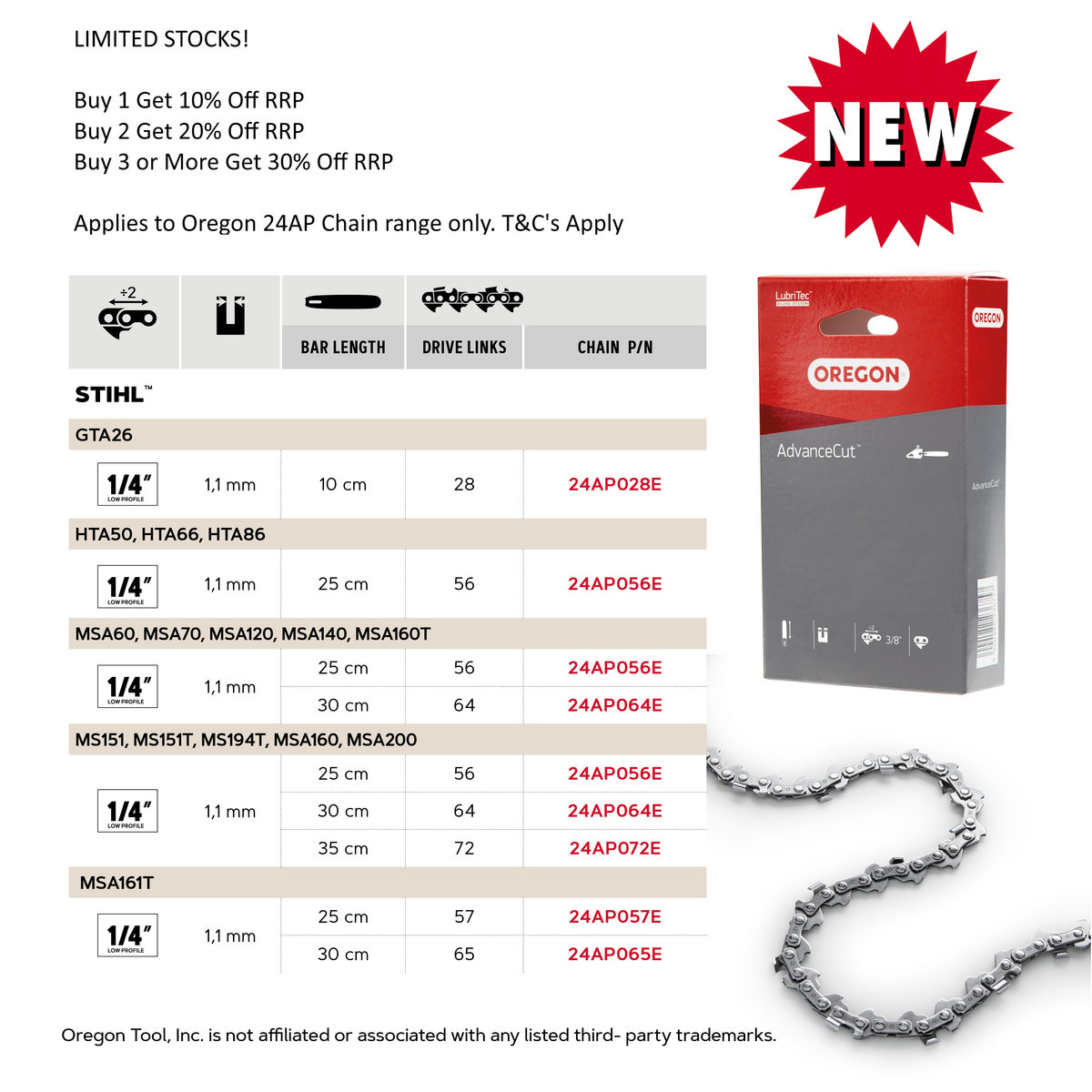 Chainsaw Chains, Oregon, Stihl, Guide Bars, Files, Oils, Accessories