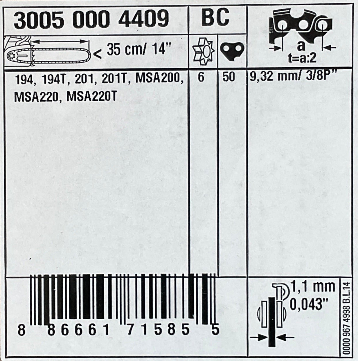Stihl 3005 000 4409 - Light 04 Chainsaw Guide Bar - 14" (35cm)